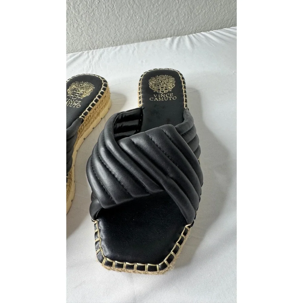 Vince Camuto Black Leather Quilted Twist Espadrille Platform Slide Sandals